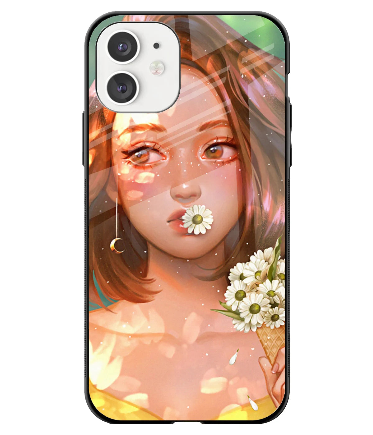 A front-on view of a glass phone case with a colorful design.