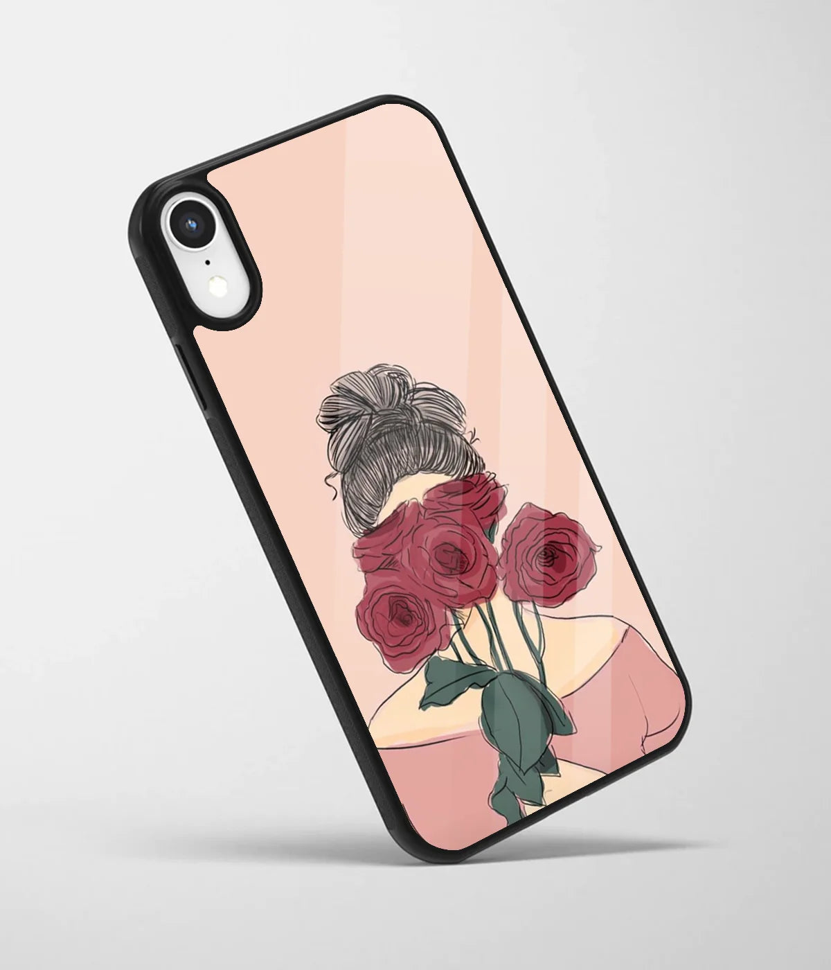 An angled view of a glass phone case featuring a vibrant design.