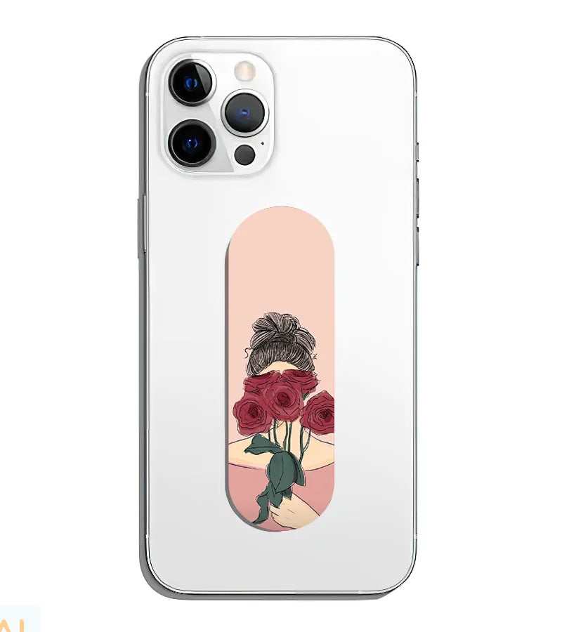 A phone grip slider applied to the back of a smartphone.