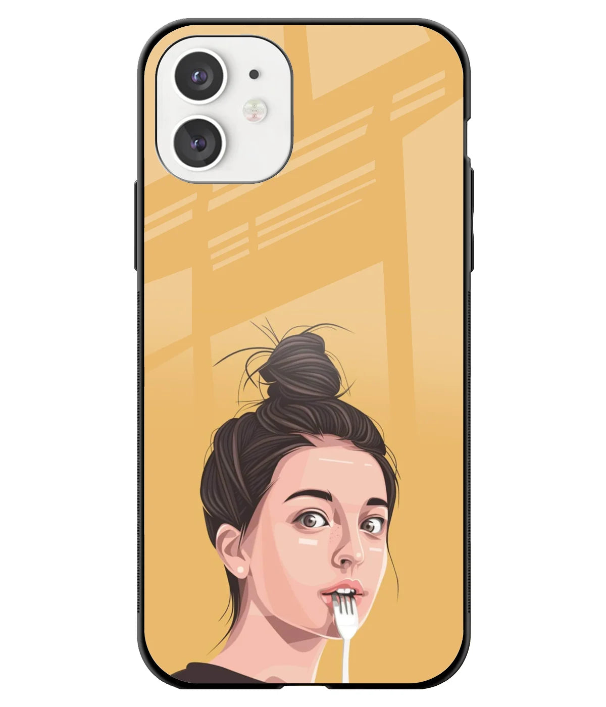 A front-on view of a glass phone case with a colorful design.