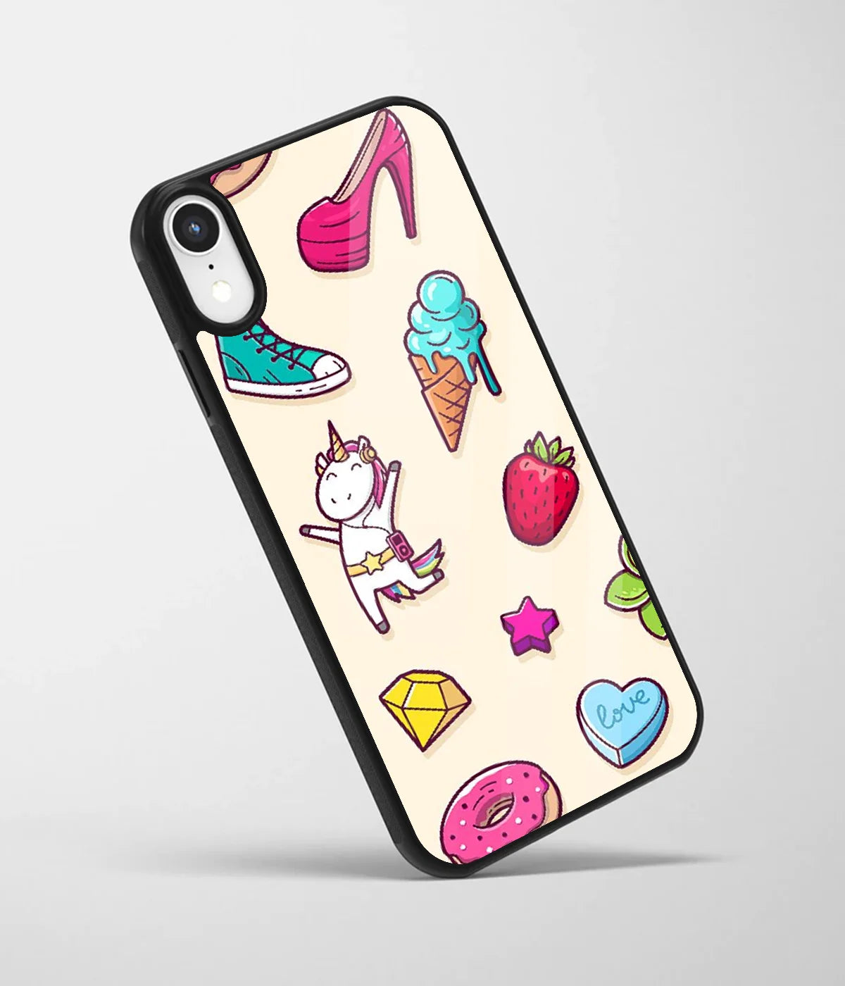 An angled view of a glass phone case featuring a vibrant design.