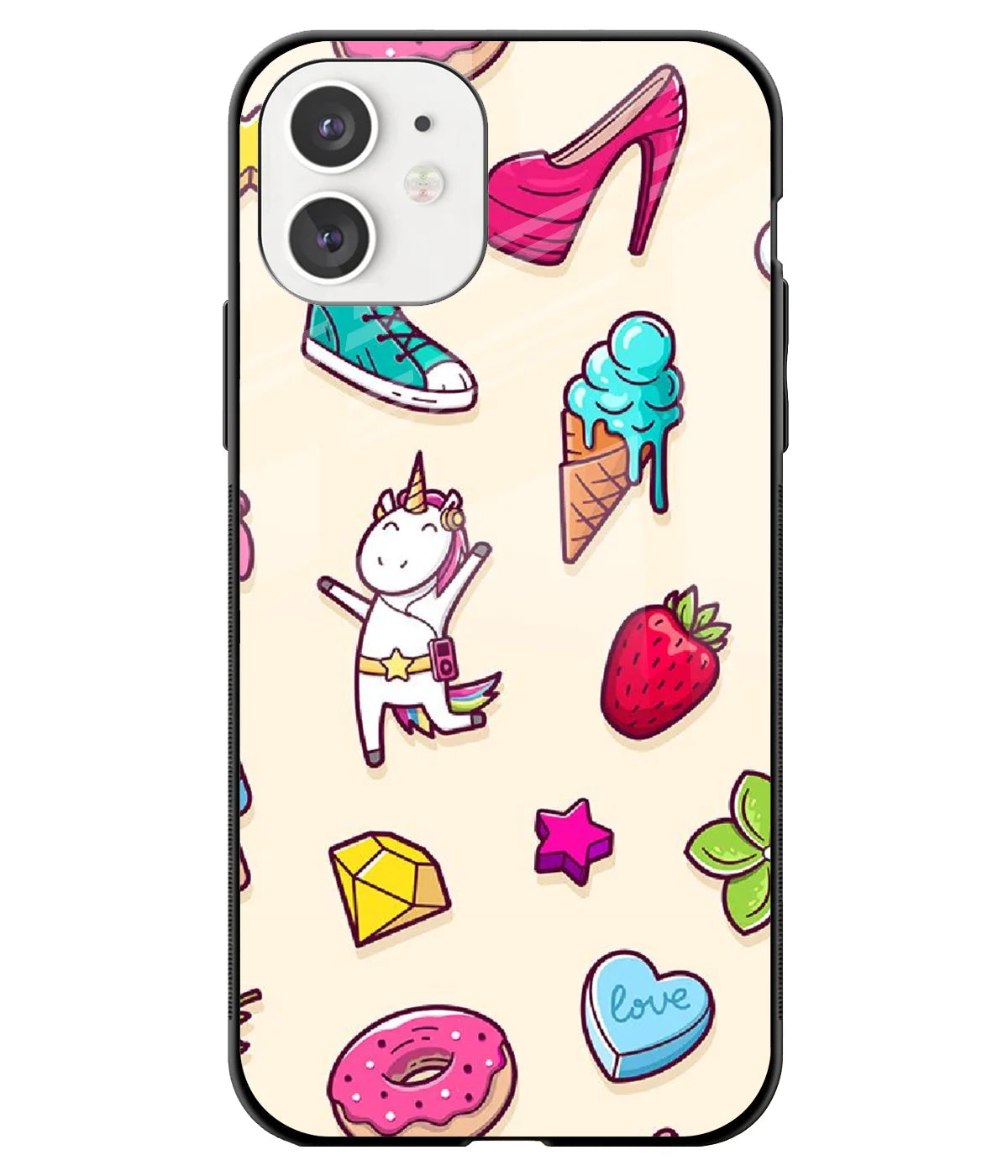 A front-on view of a glass phone case with a colorful design.