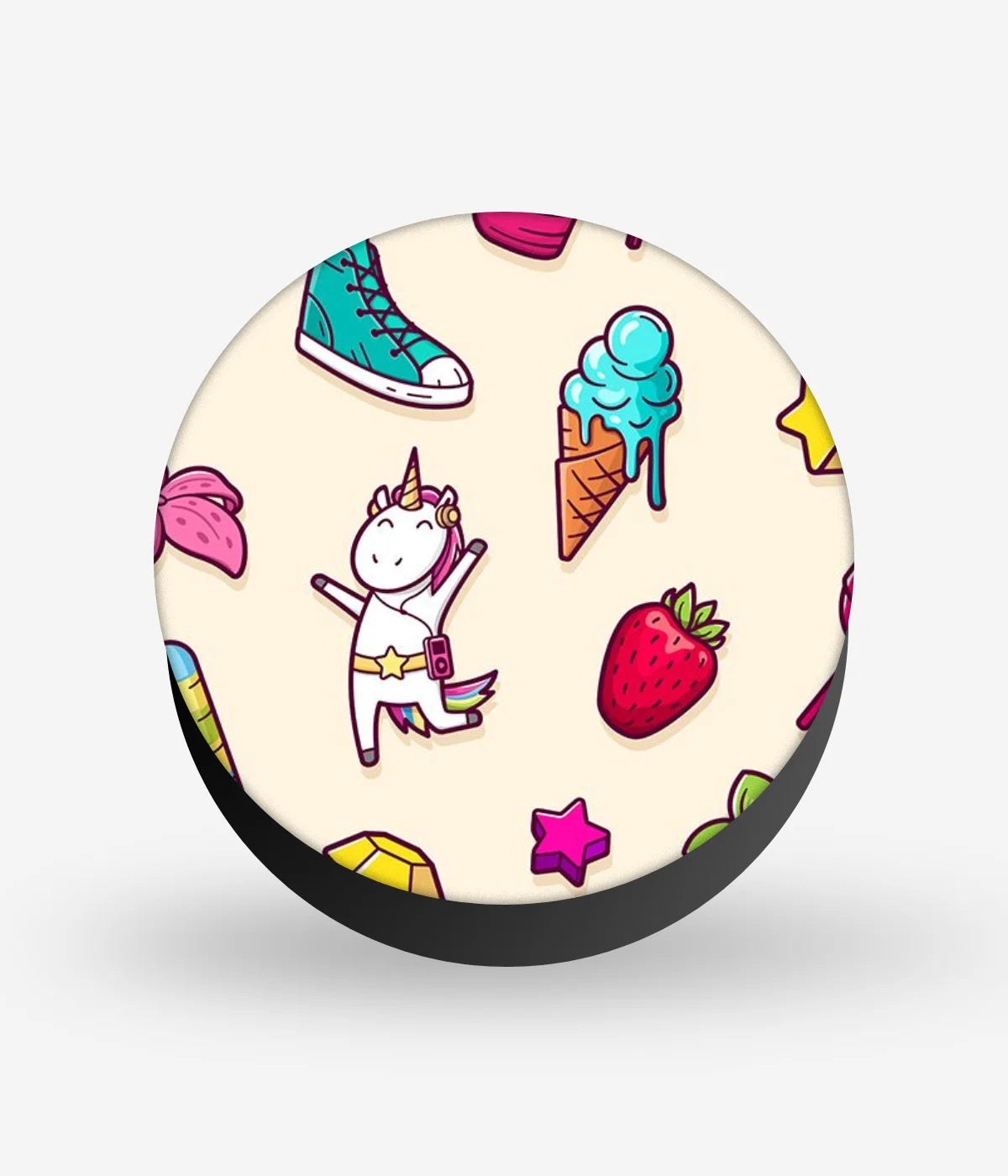 Mobile phone grip with a colorful design on a white background
