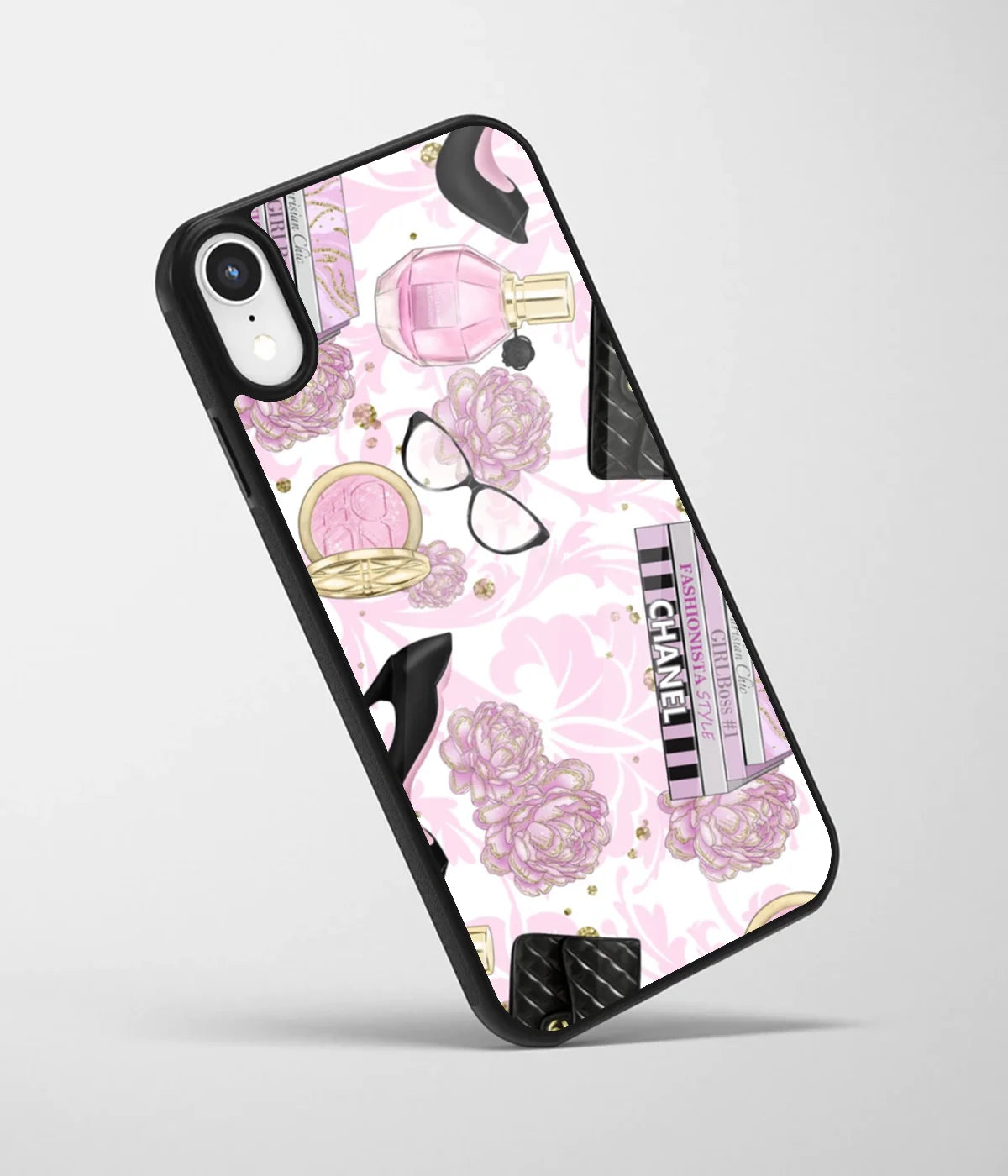 An angled view of a glass phone case featuring a vibrant design.