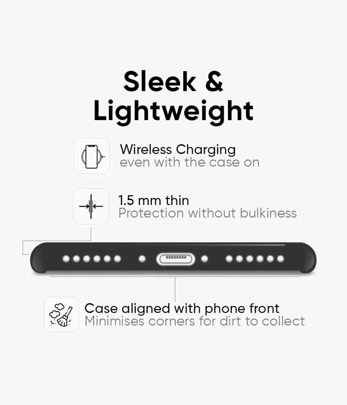 An image showcasing a glossy metal phone case highlighting it's sleek and lightweight feature, including its 1.5mm thin design, support for wireless charging, and alignment with the phone's front.