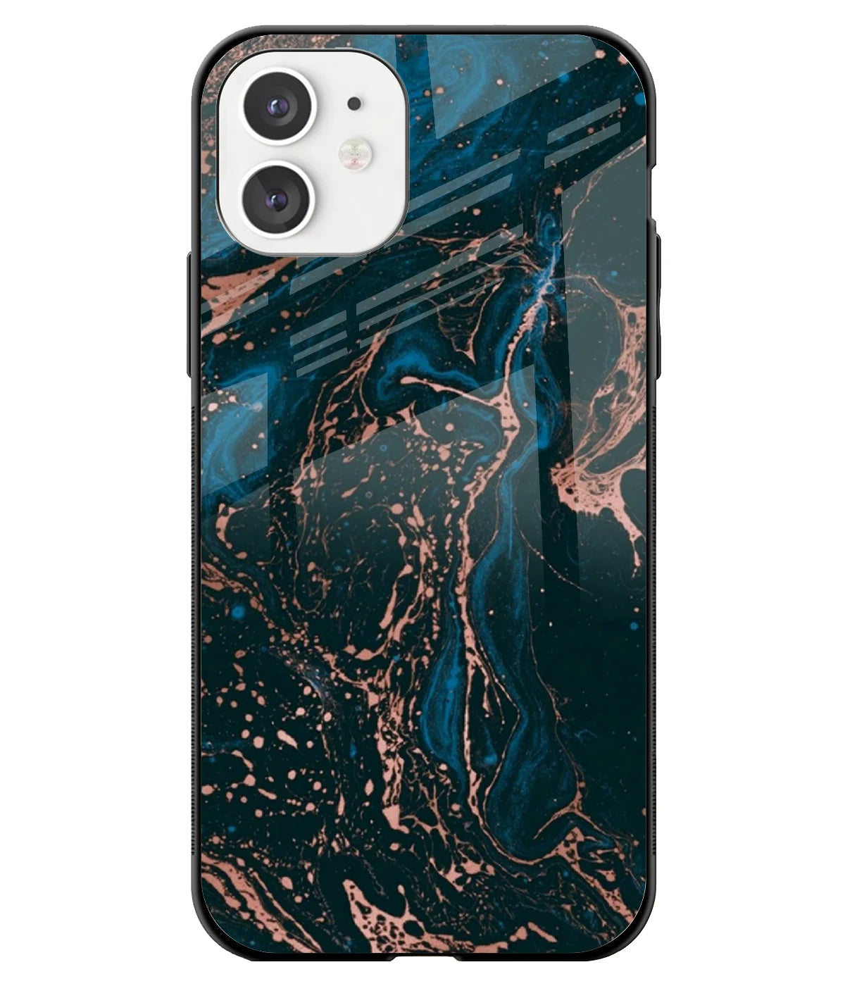 A front-on view of a glass phone case with a colorful design.