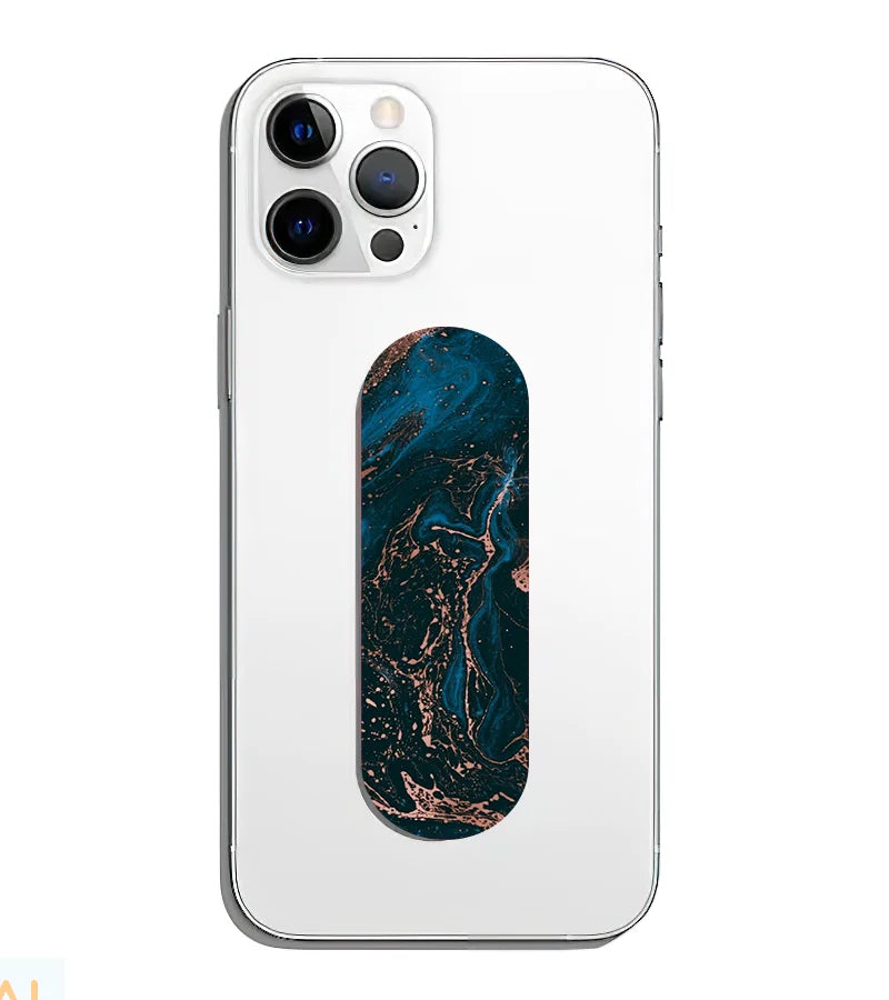 A phone grip slider applied to the back of a smartphone.