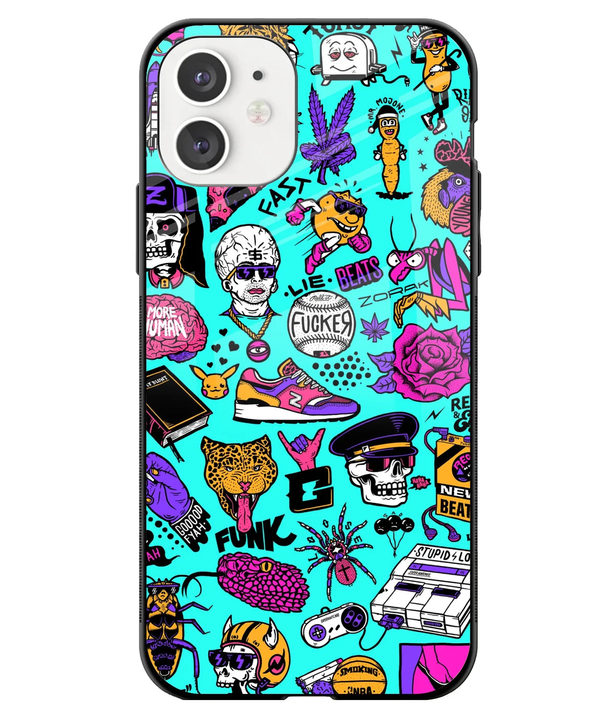 A front-on view of a glass phone case with a colorful design.