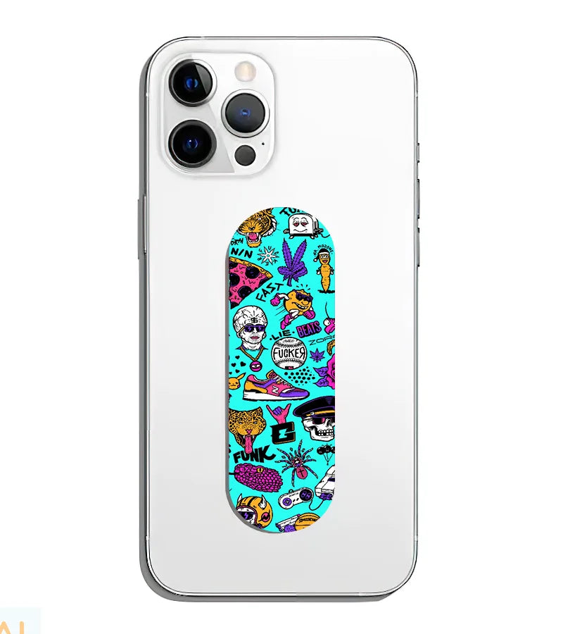 A phone grip slider applied to the back of a smartphone.