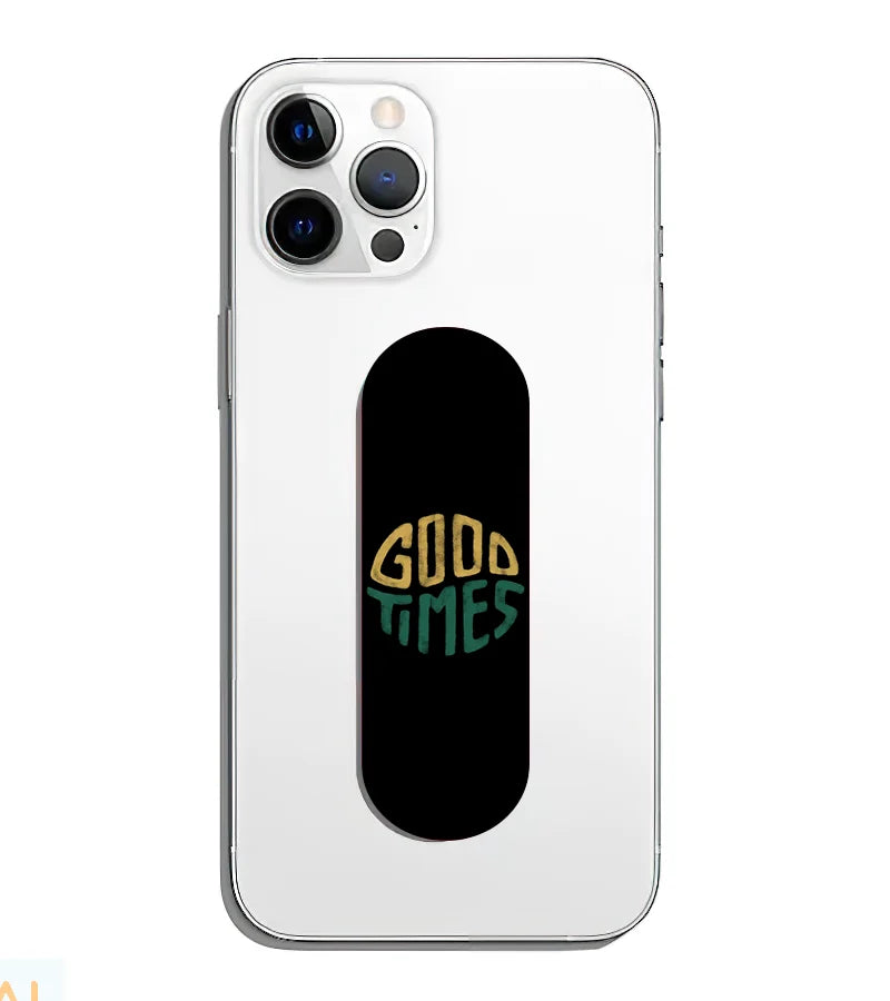 A phone grip slider applied to the back of a smartphone.