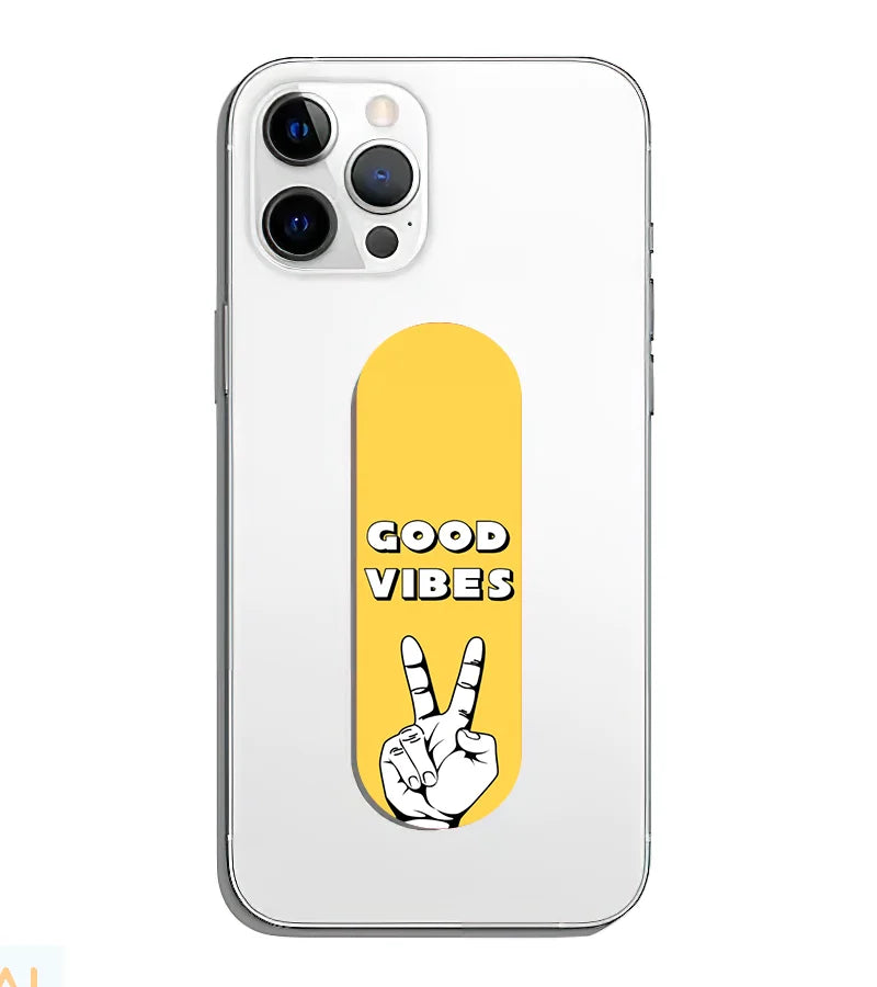 A phone grip slider applied to the back of a smartphone.