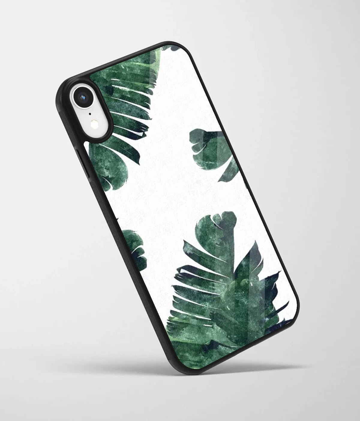 An angled view of a glass phone case featuring a vibrant design.