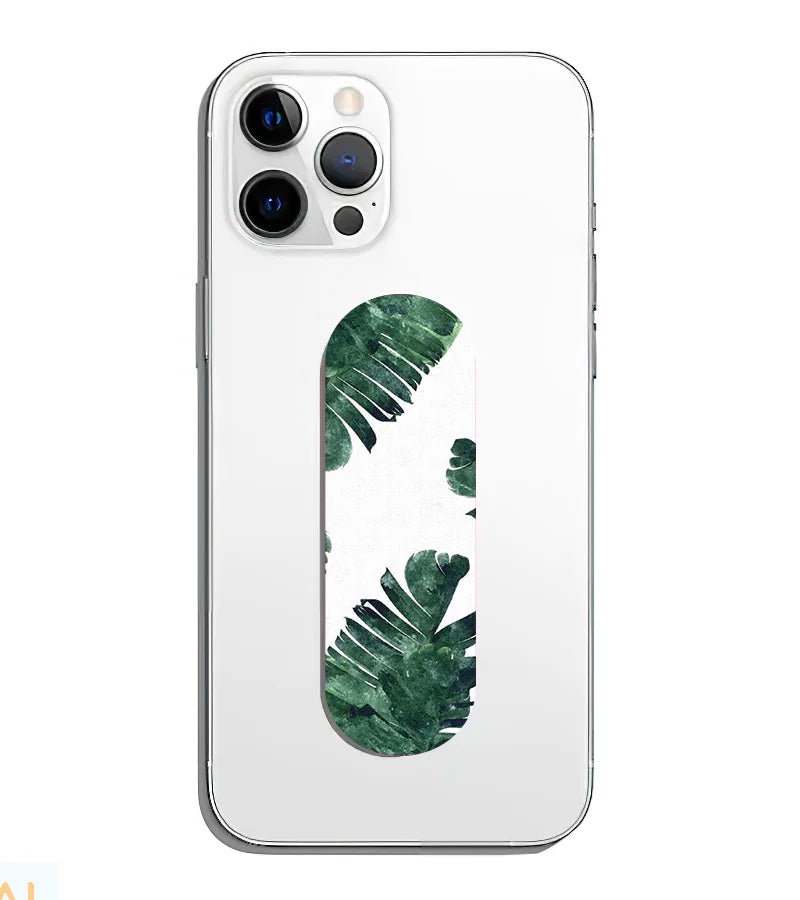 A phone grip slider applied to the back of a smartphone.