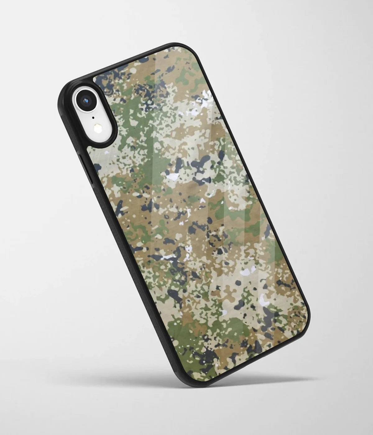 An angled view of a glass phone case featuring a vibrant design.