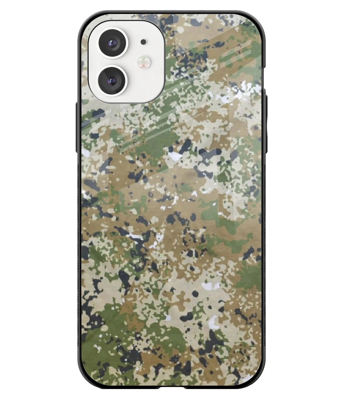 A front-on view of a glass phone case with a colorful design.