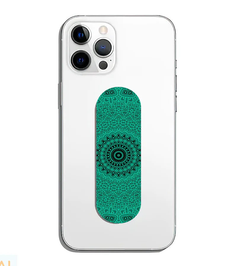 A phone grip slider applied to the back of a smartphone.