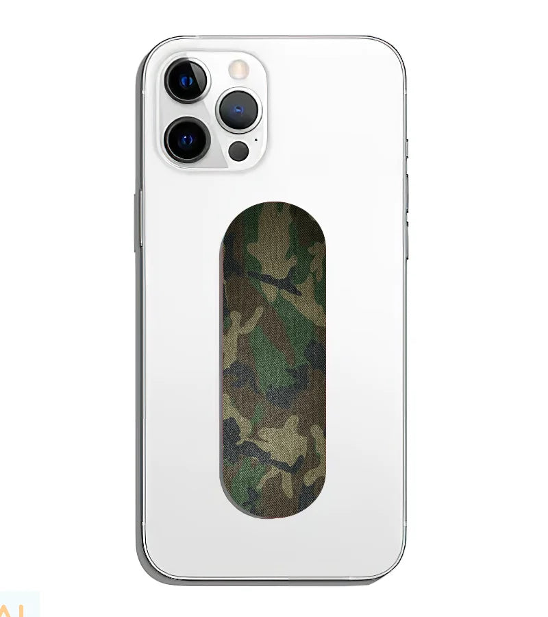 A phone grip slider applied to the back of a smartphone.