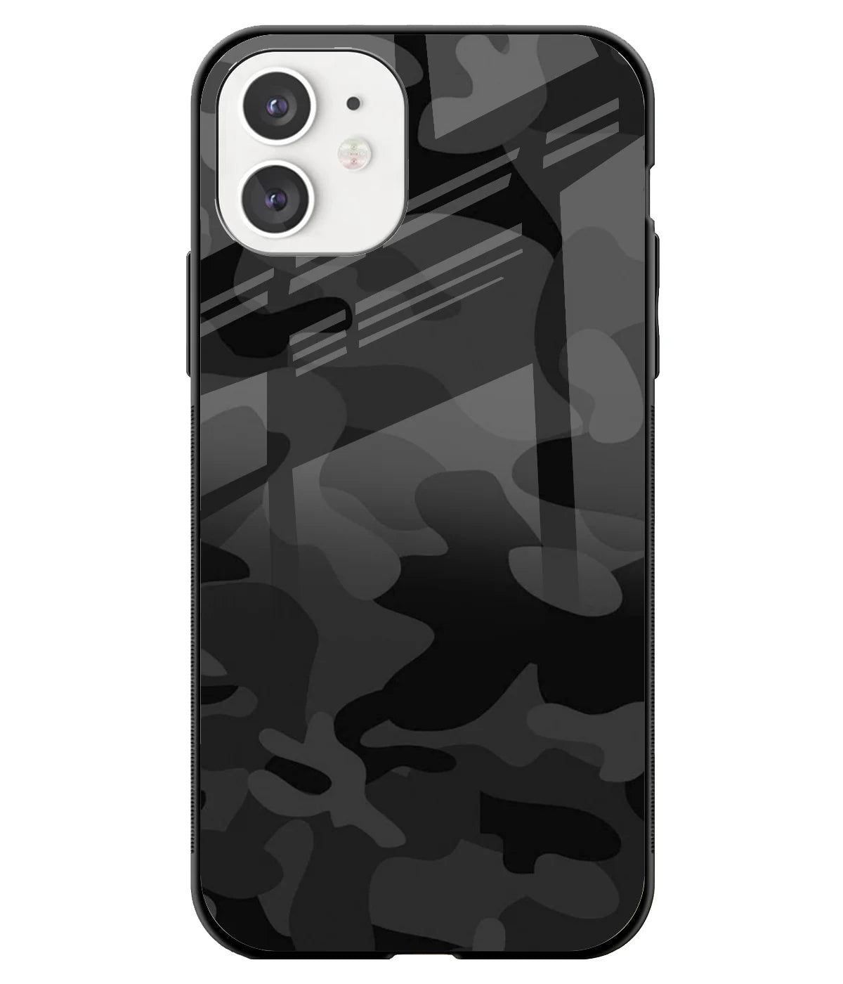 A front-on view of a glass phone case with a colorful design.