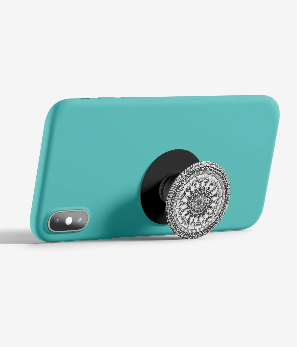 An image demonstrating how to use the phone grip as a stand to hold a mobile phone in landscape mode for hands-free viewing