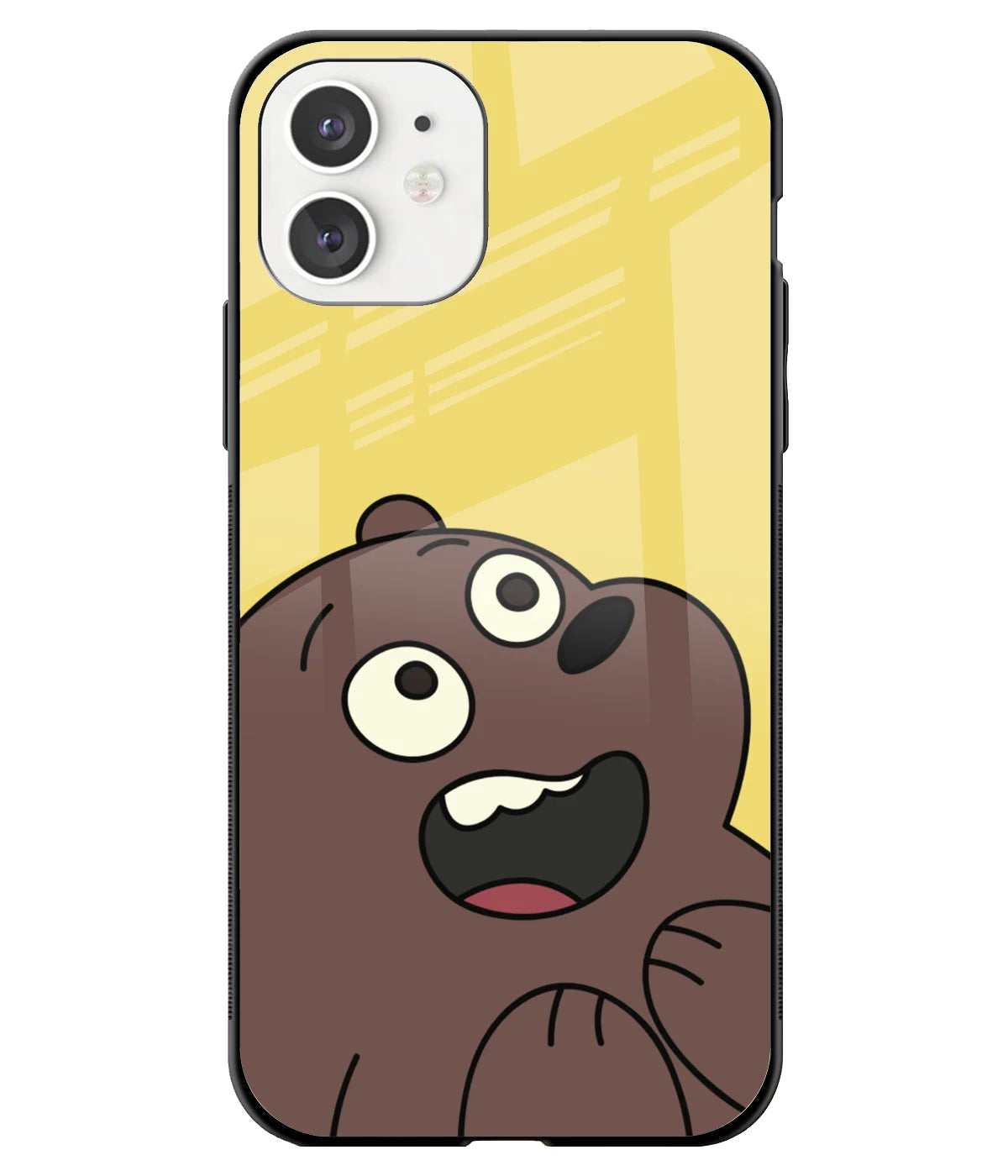 A front-on view of a glass phone case with a colorful design.
