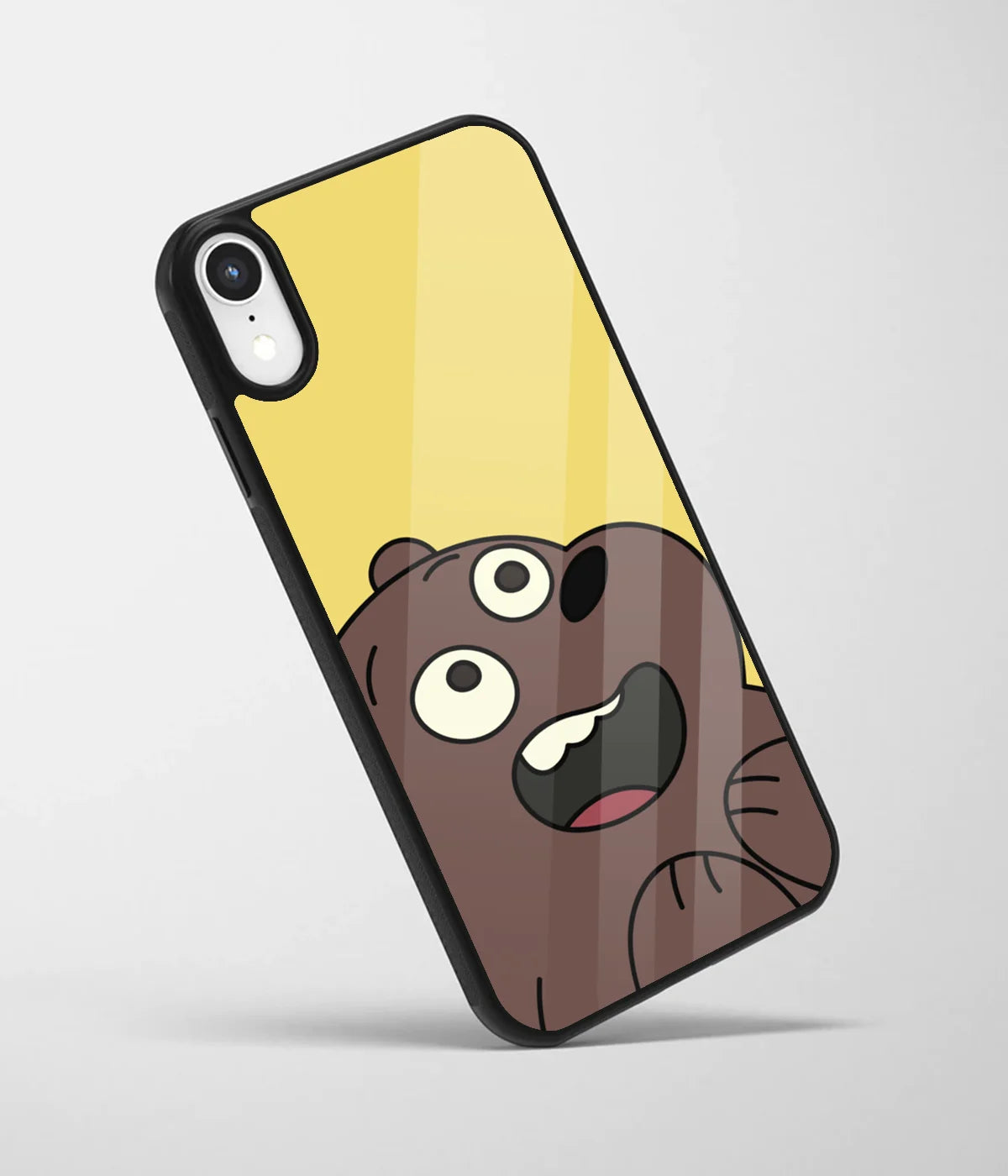 An angled view of a glass phone case featuring a vibrant design.