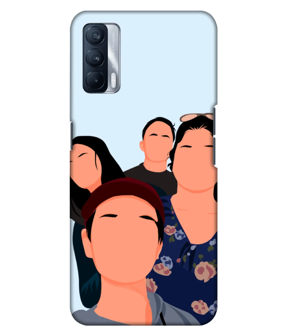 Custom digital illustration slim hard phone case featuring a personalized group portrait of four friends on a light blue background.