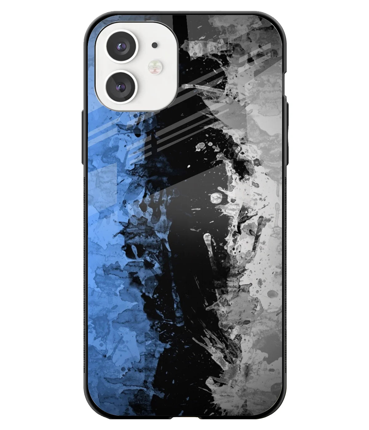 A front-on view of a glass phone case with a colorful design.