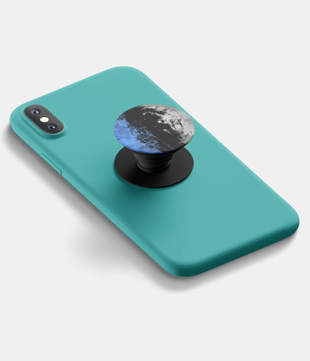 A top-down view of a phone grip holder attached to a mobile phone case on a white background