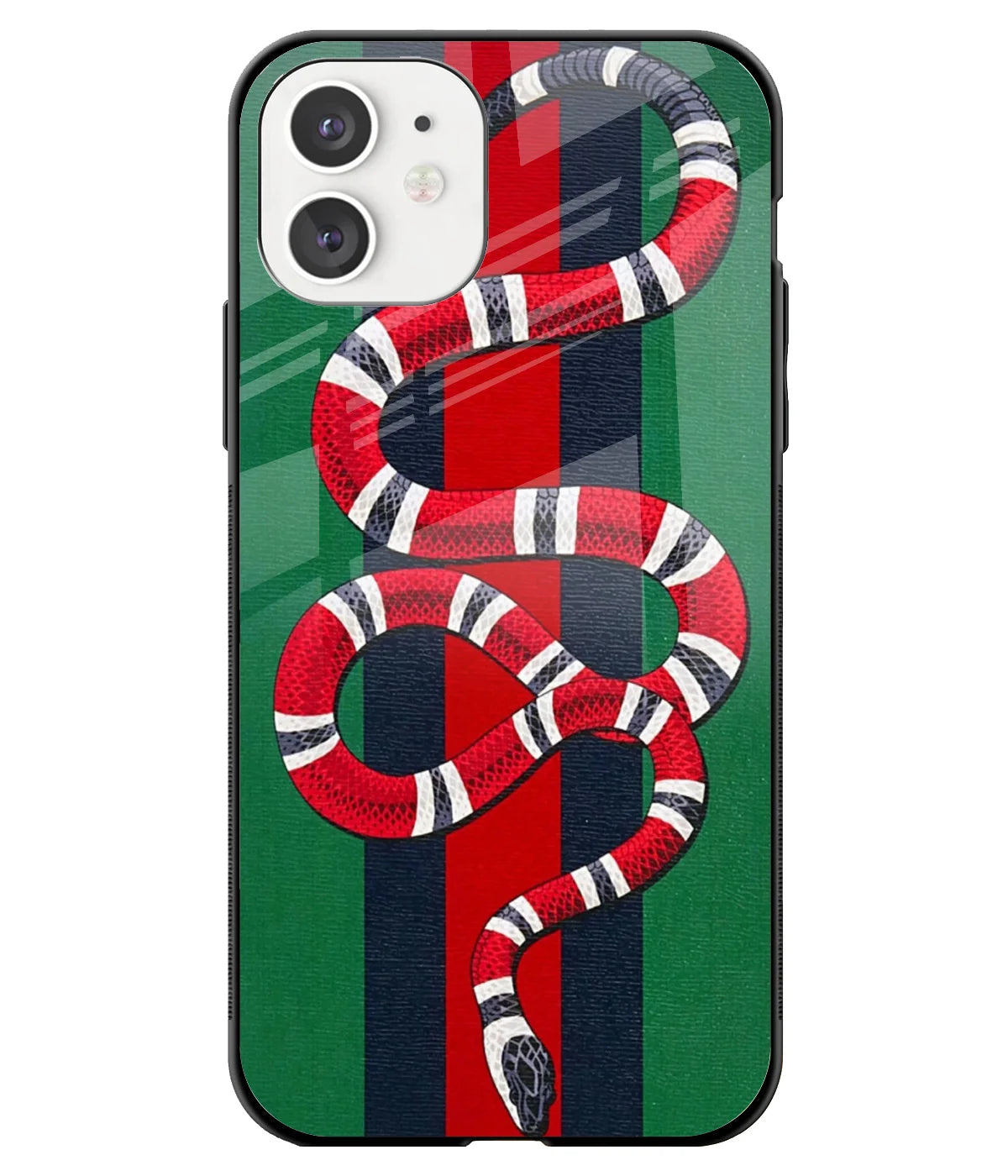 A front-on view of a glass phone case with a colorful design.