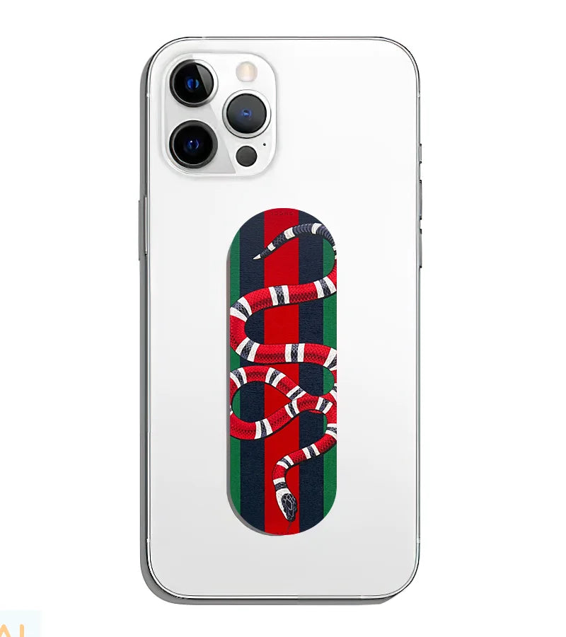A phone grip slider applied to the back of a smartphone.