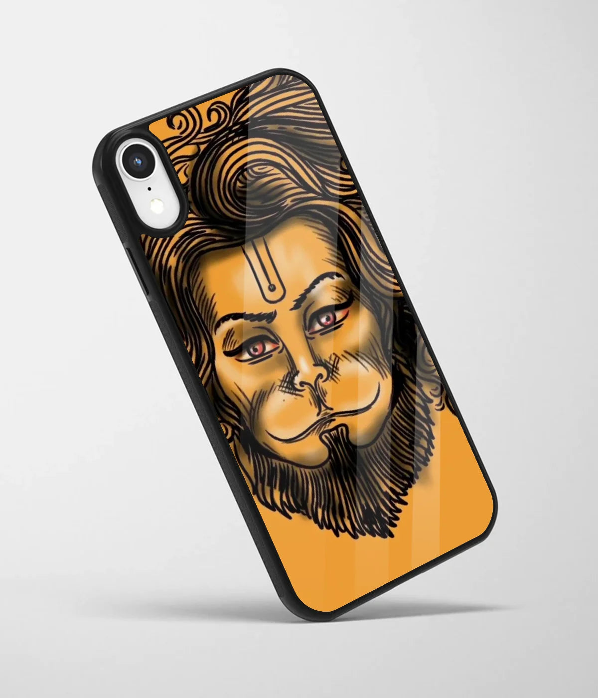 An angled view of a glass phone case featuring a vibrant design.