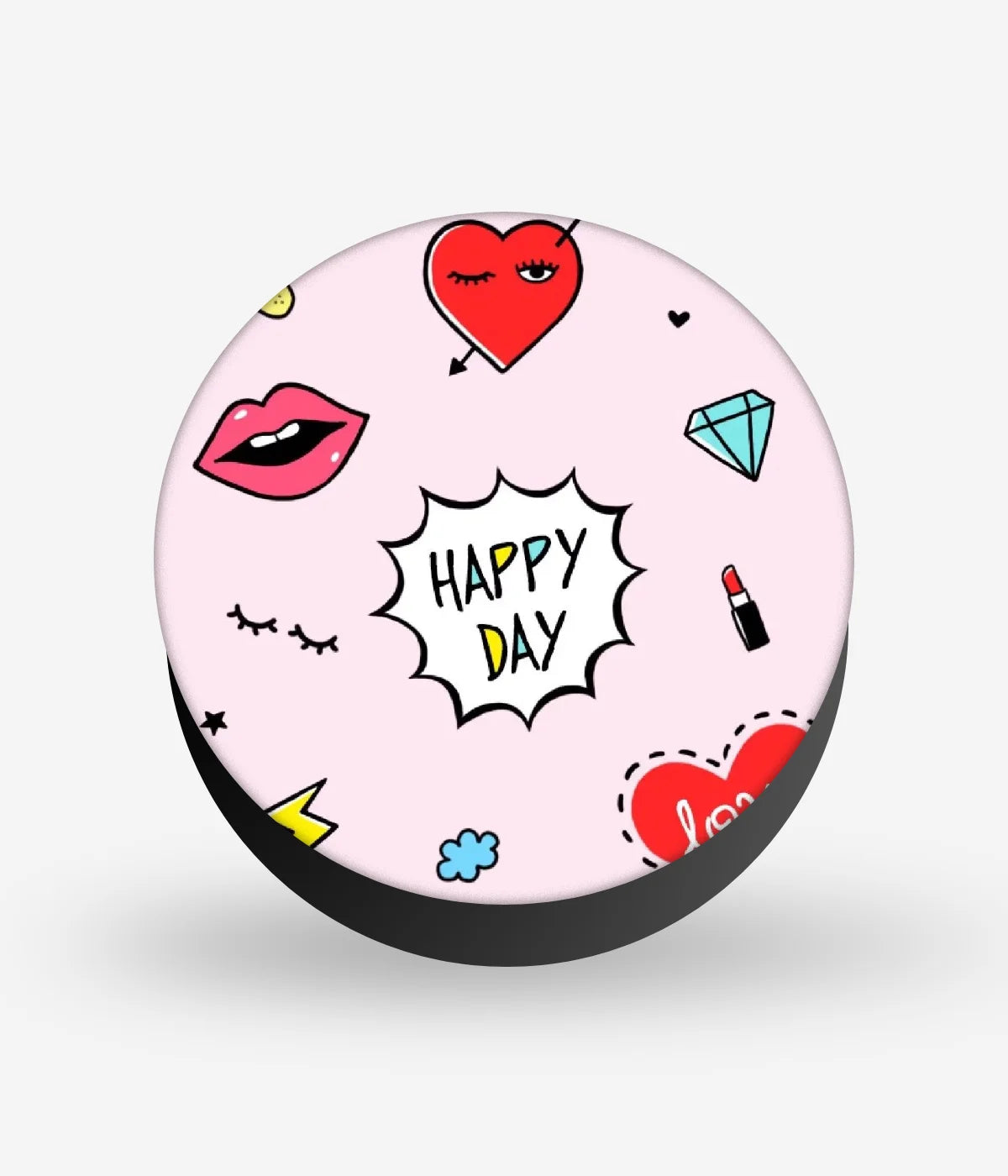 Mobile phone grip with a colorful design on a white background