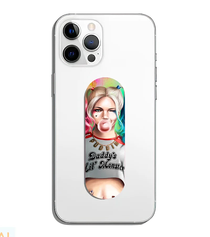 A phone grip slider applied to the back of a smartphone.