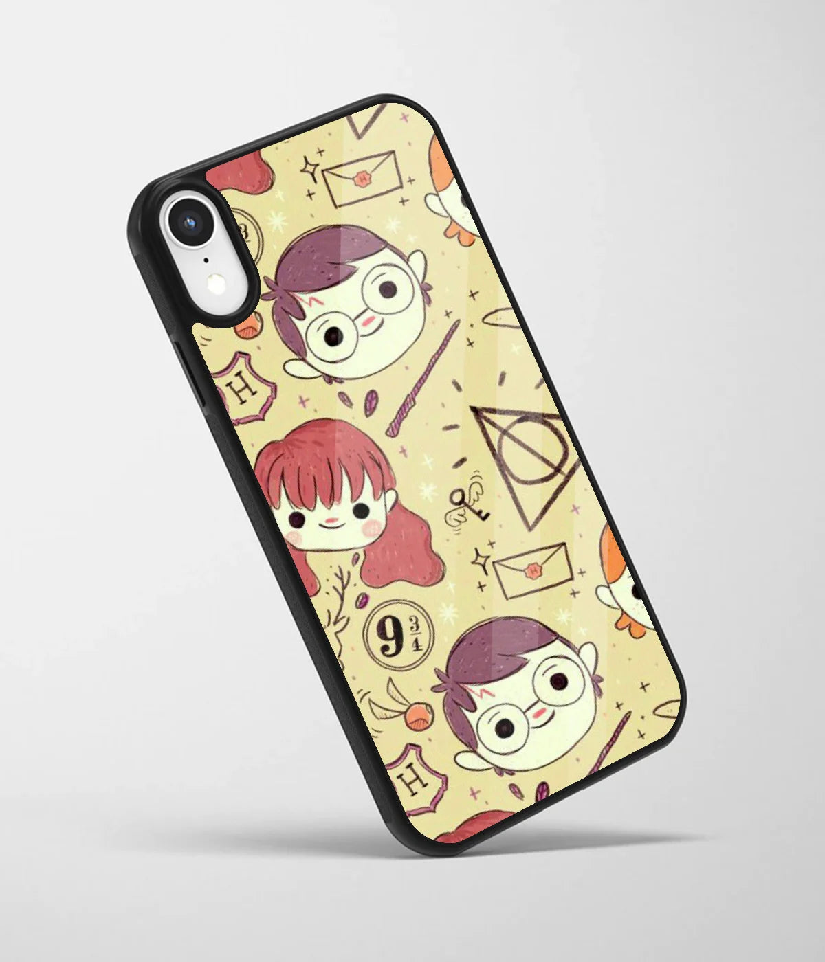 An angled view of a glass phone case featuring a vibrant design.