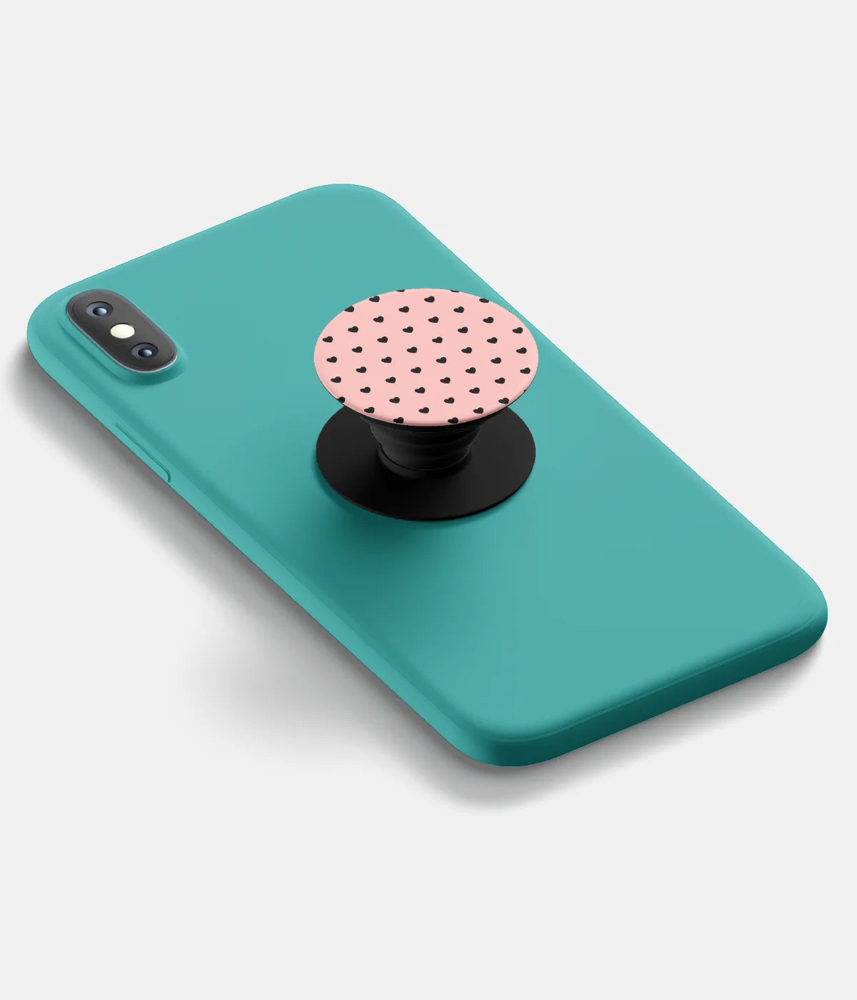 A top-down view of a phone grip holder attached to a mobile phone case on a white background