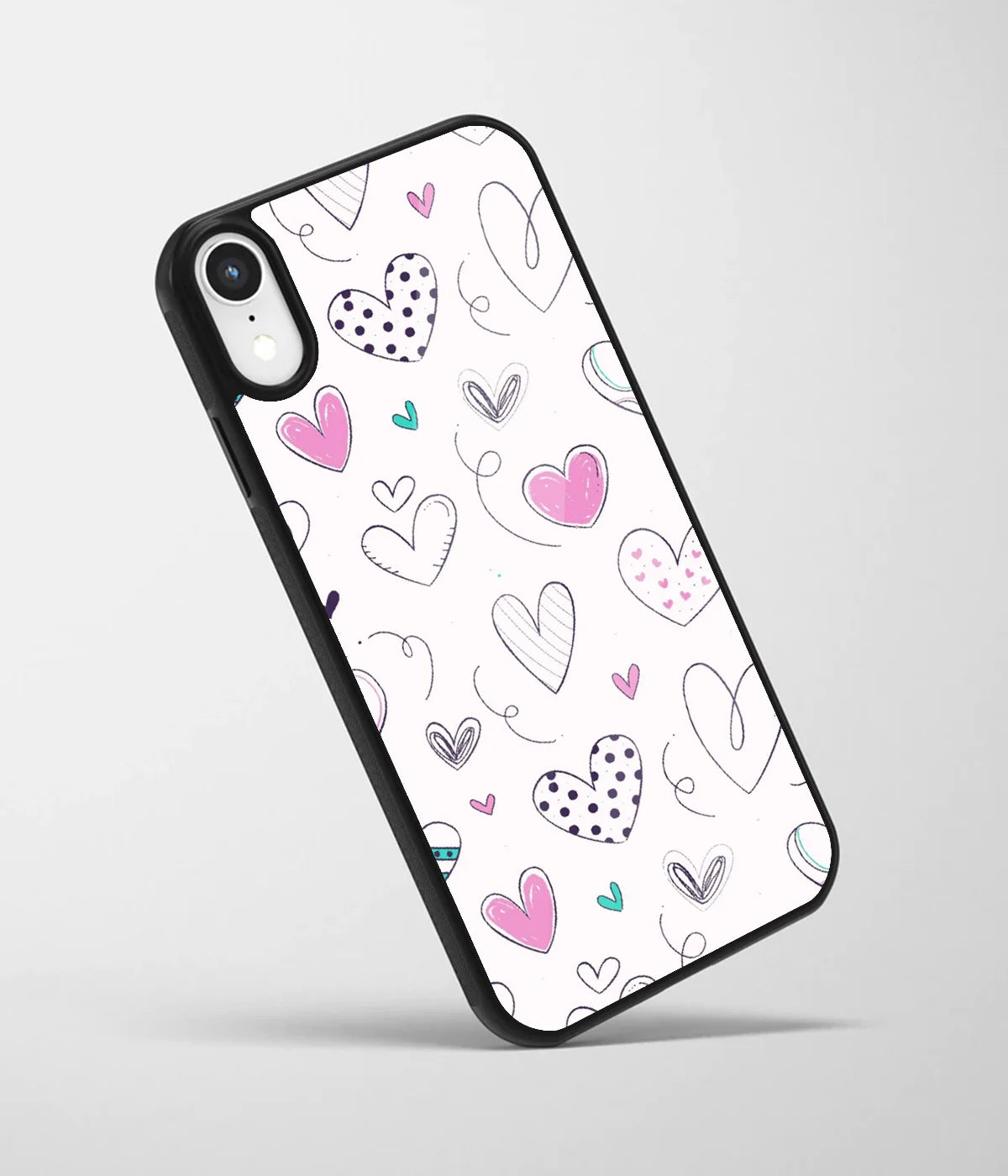 An angled view of a glass phone case featuring a vibrant design.