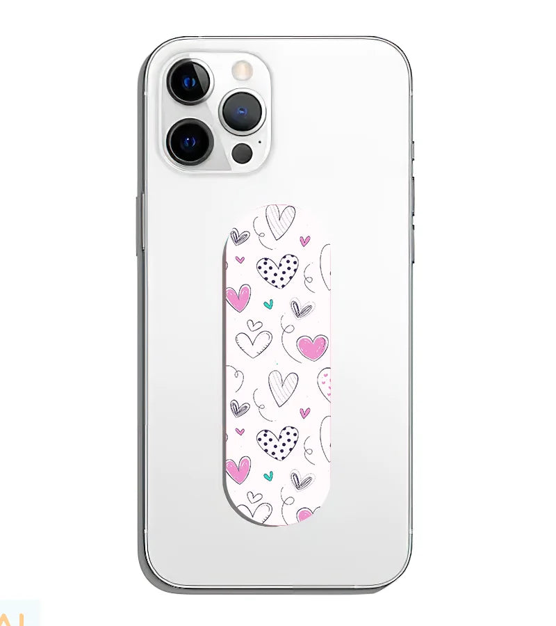 A phone grip slider applied to the back of a smartphone.