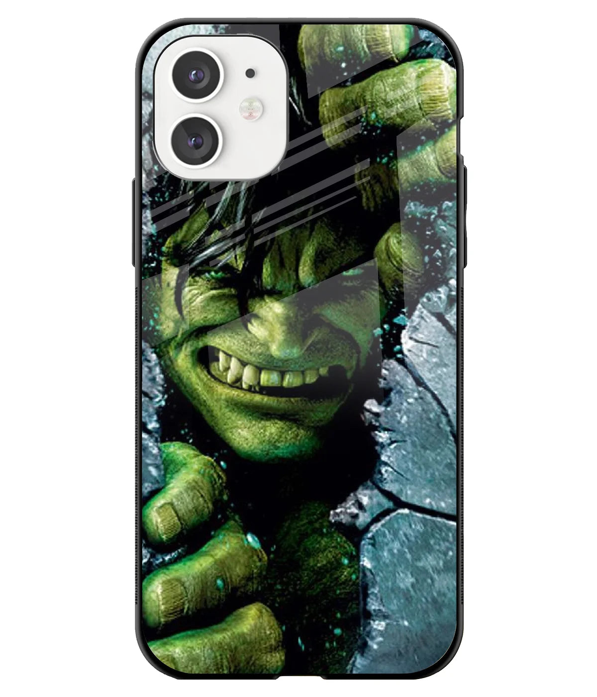 A front-on view of a glass phone case with a colorful design.
