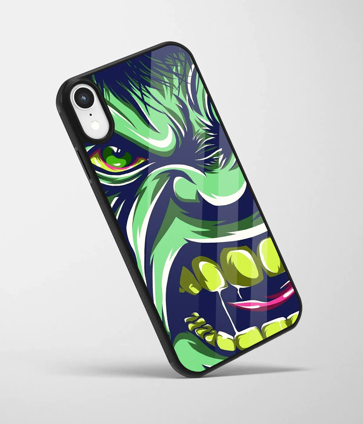An angled view of a glass phone case featuring a vibrant design.