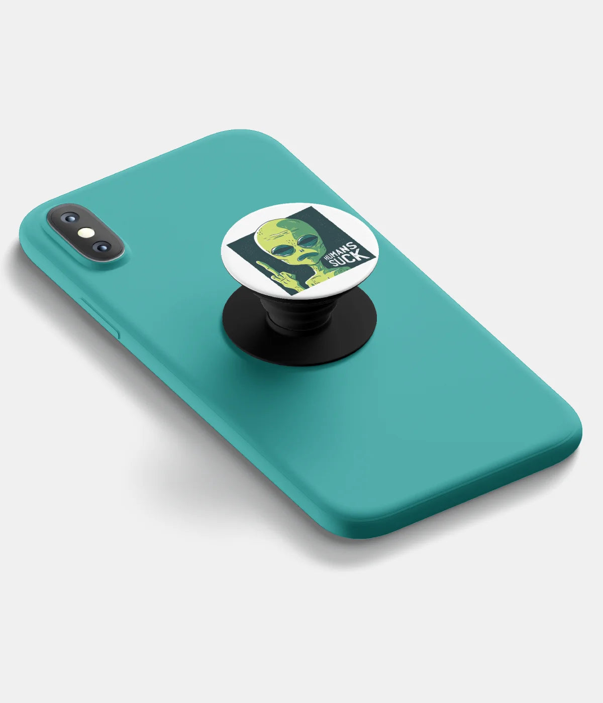 A top-down view of a phone grip holder attached to a mobile phone case on a white background