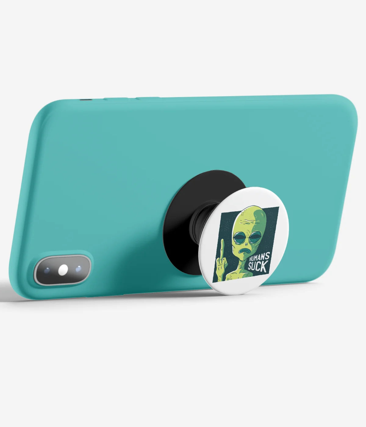 An image demonstrating how to use the phone grip as a stand to hold a mobile phone in landscape mode for hands-free viewing