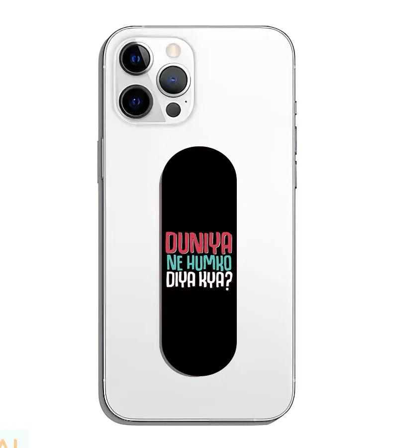 A phone grip slider applied to the back of a smartphone.