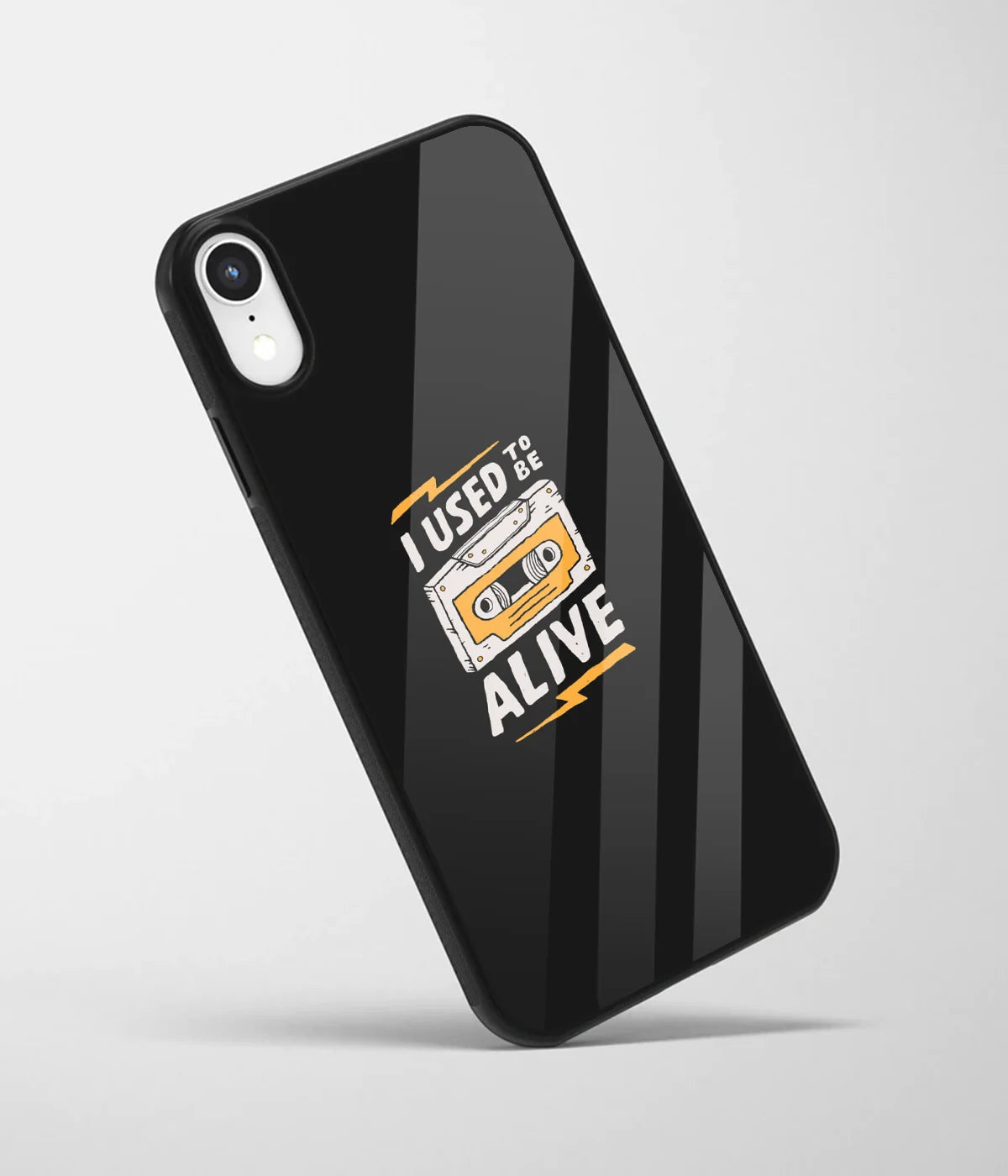 An angled view of a glass phone case featuring a vibrant design.