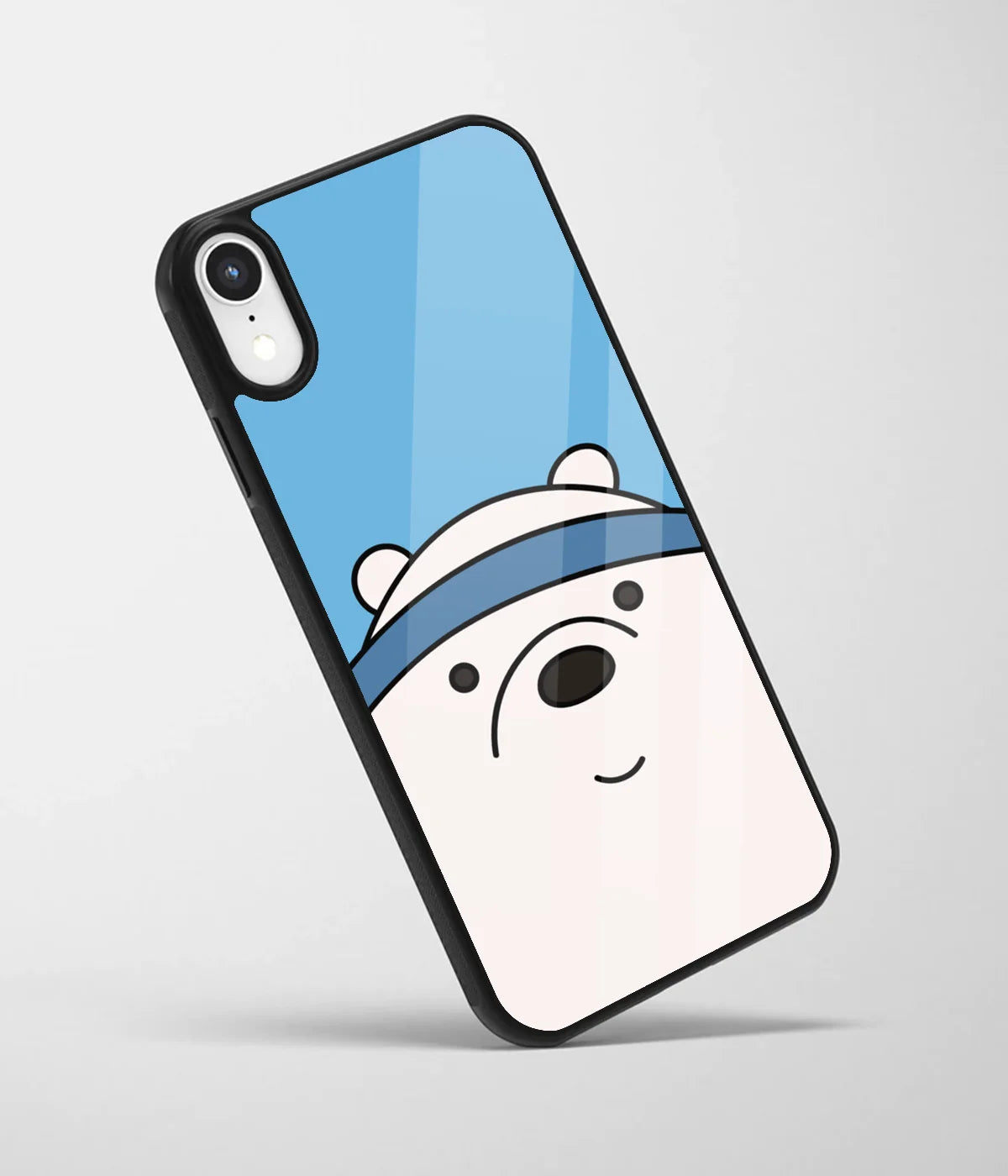 An angled view of a glass phone case featuring a vibrant design.