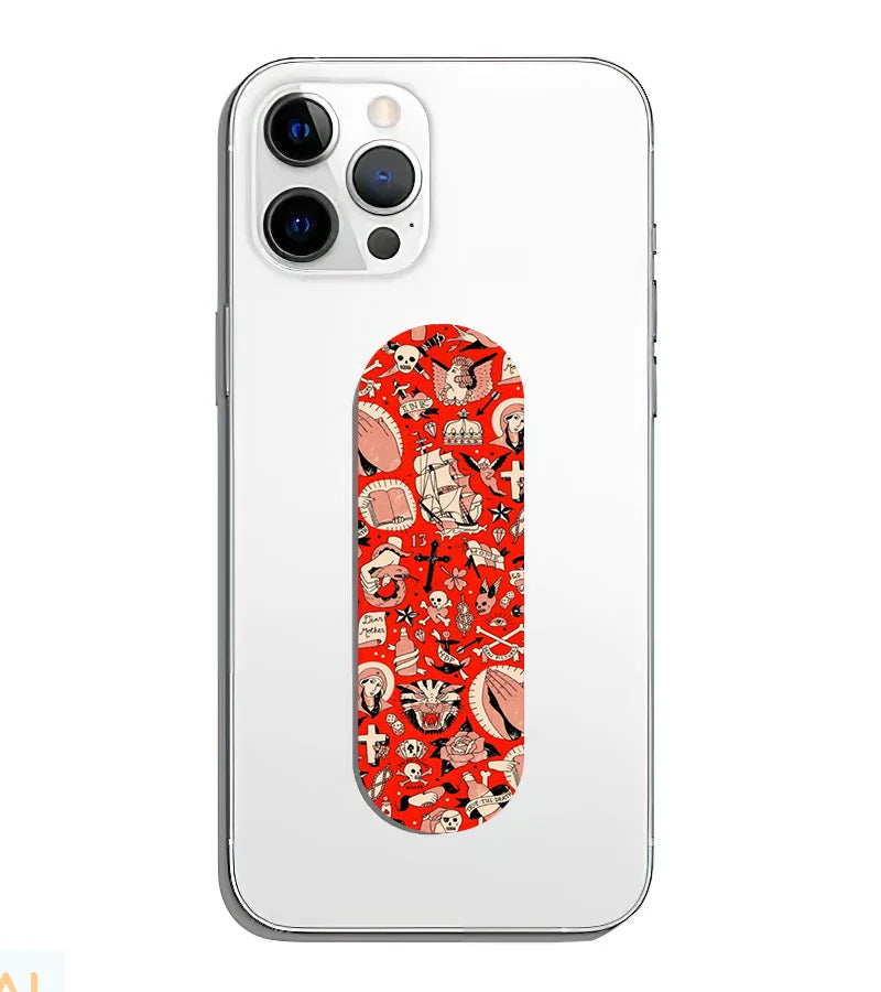 A phone grip slider applied to the back of a smartphone.