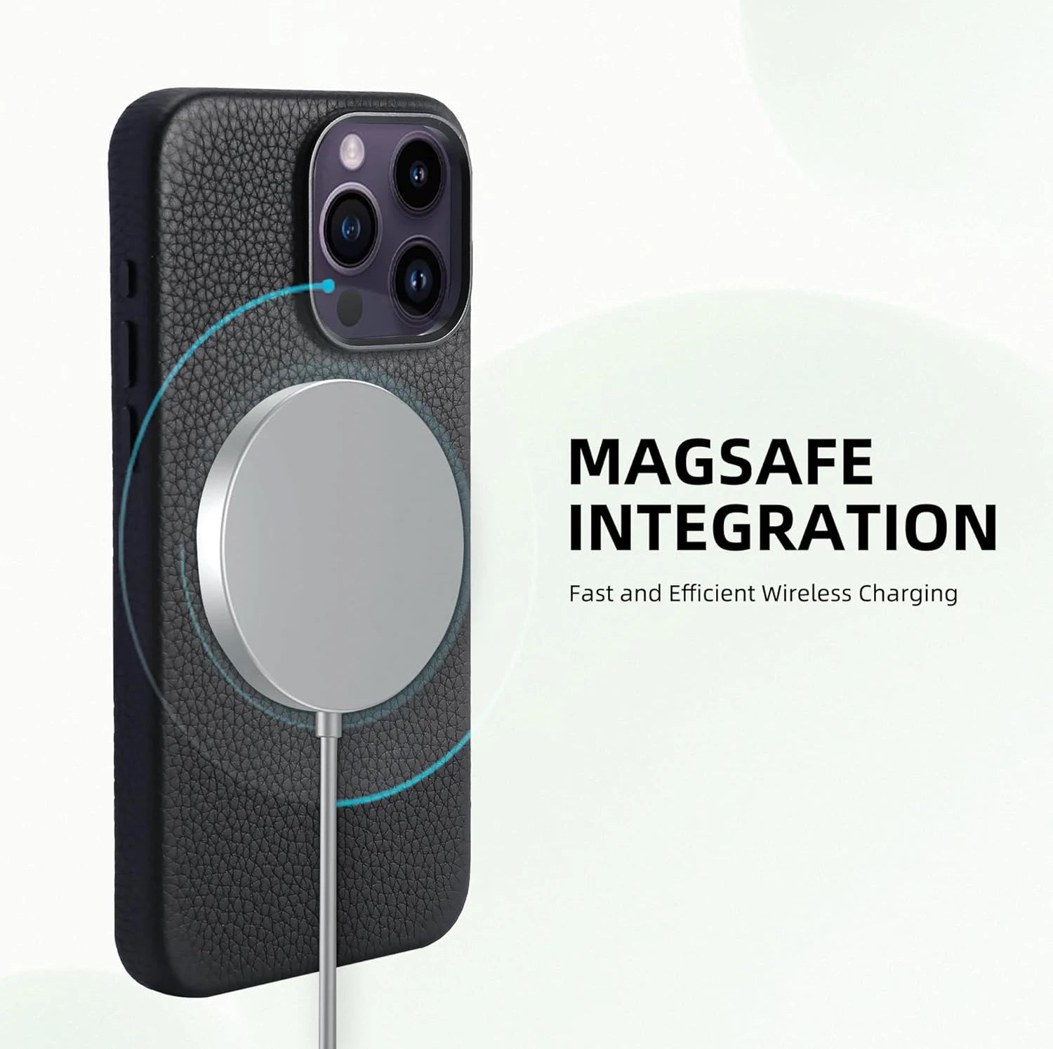 Premium leather iPhone cover showing built-in MagSafe integration for seamless wireless charging.