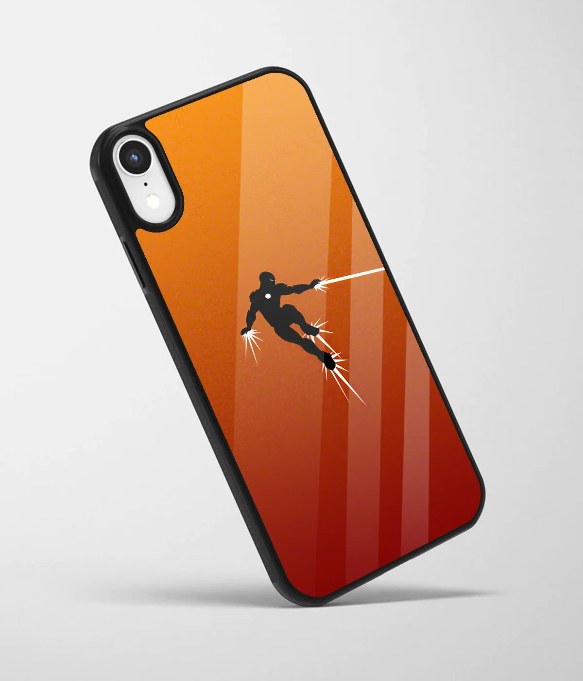 An angled view of a glass phone case featuring a vibrant design.