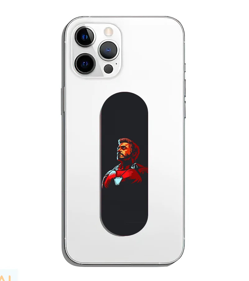 A phone grip slider applied to the back of a smartphone.