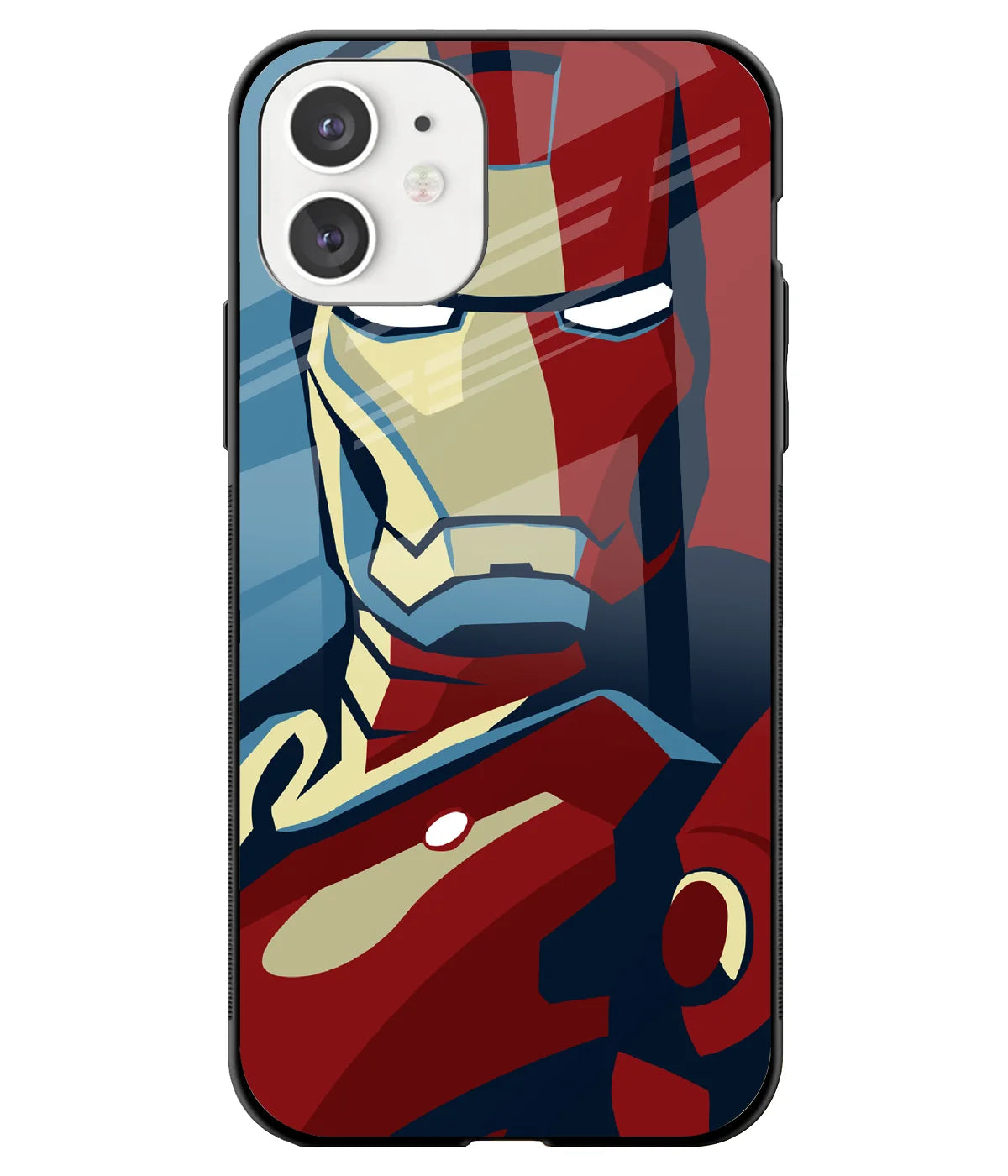 A front-on view of a glass phone case with a colorful design.