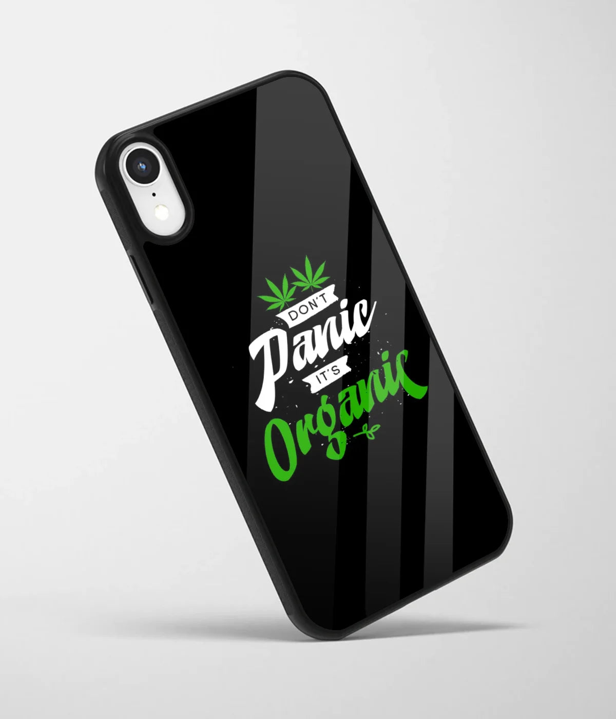 An angled view of a glass phone case featuring a vibrant design.